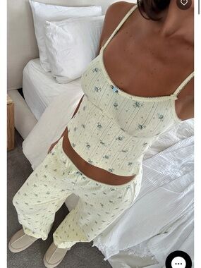 White Fox Boutique Pale Yellow Floral Ribbed Cami & pants Set